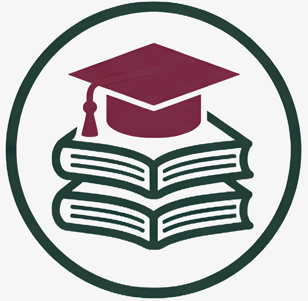 Education icon showing a graduation cap above a stack of books inside a circular border.