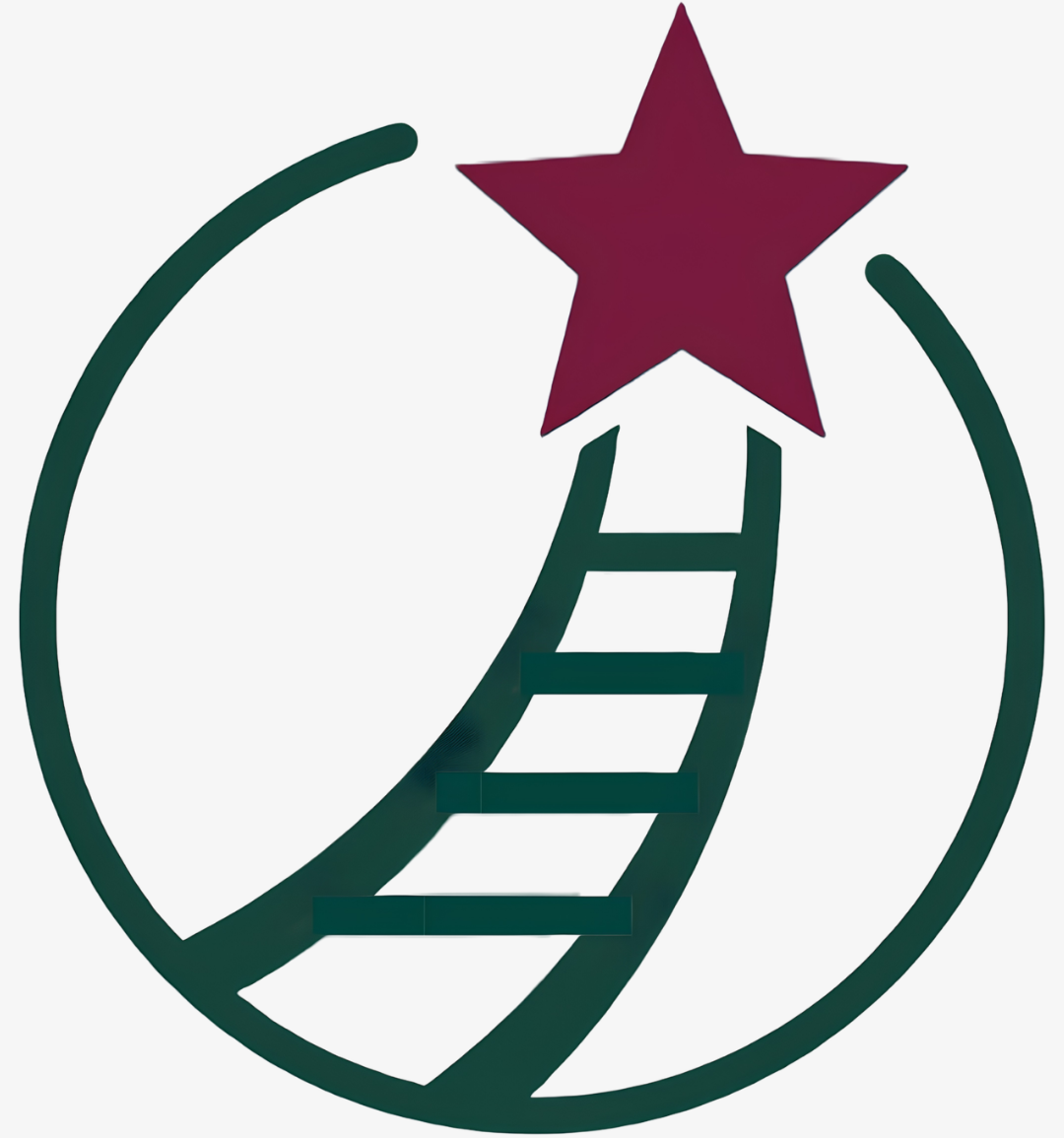 Abstract logo showing a curved ladder reaching up to a maroon star, enclosed by a partial green circle.