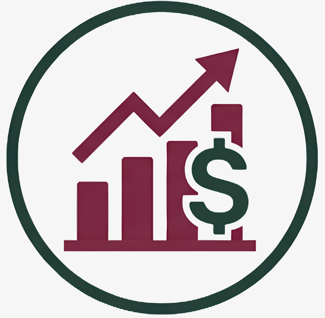 Financial growth icon with an upward arrow over bar chart and a dollar sign inside a circular border.