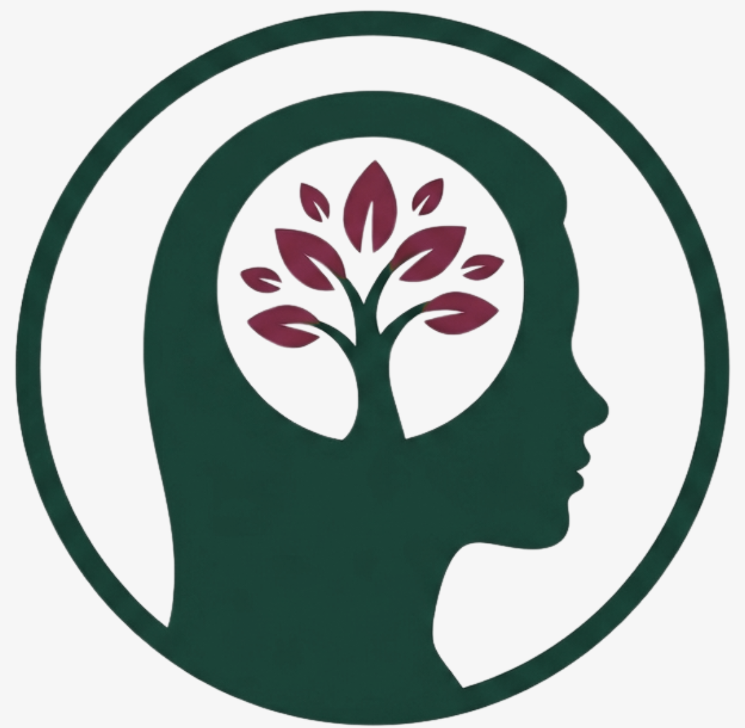 Logo with a dark green silhouette of a human head in profile, containing a stylized tree with maroon leaves inside, enclosed by a circular outline.