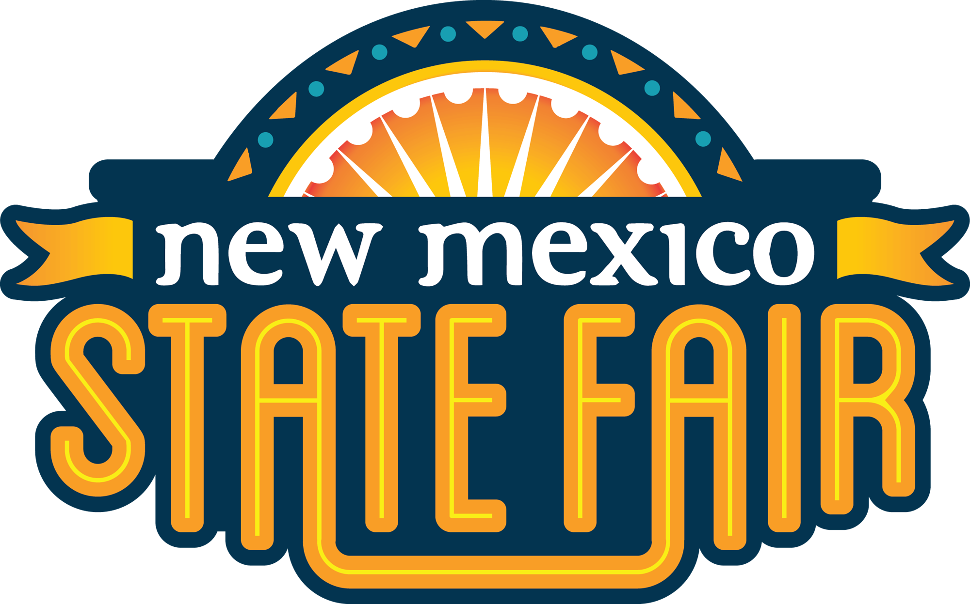 New Mexico State Fair logo with a stylized orange sunburst and blue ribbon banner.