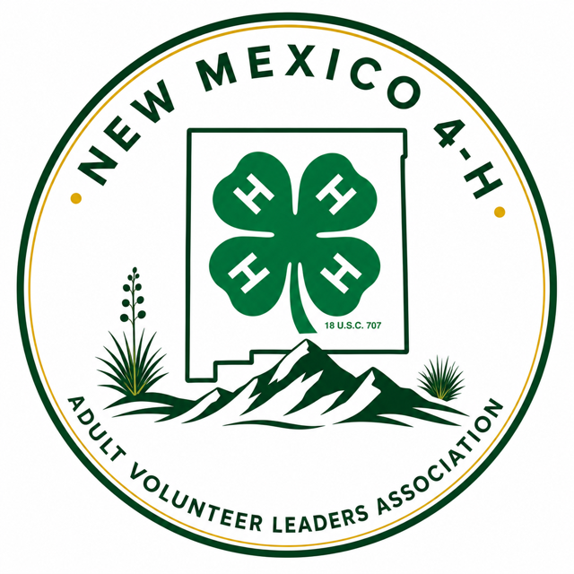 Circular New Mexico 4-H logo featuring a green four-leaf clover inside the outline of New Mexico, with mountains and desert plants below.