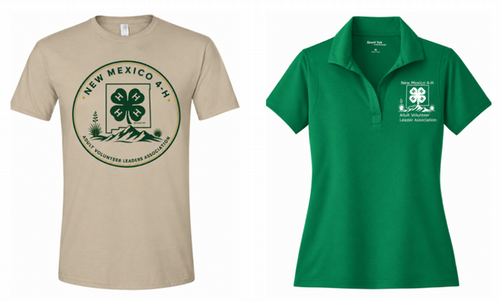 Two shirts shown side by side: a tan T-shirt with a circular “New Mexico 4-H” clover logo and a green collared polo with the New Mexico 4-H Youth Development/Adult Volunteer Leaders Association emblem